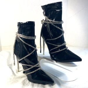 Azalea Wang Alessi Women’s Black Patent Stiletto Ankle Boots & Rhinestone Ties